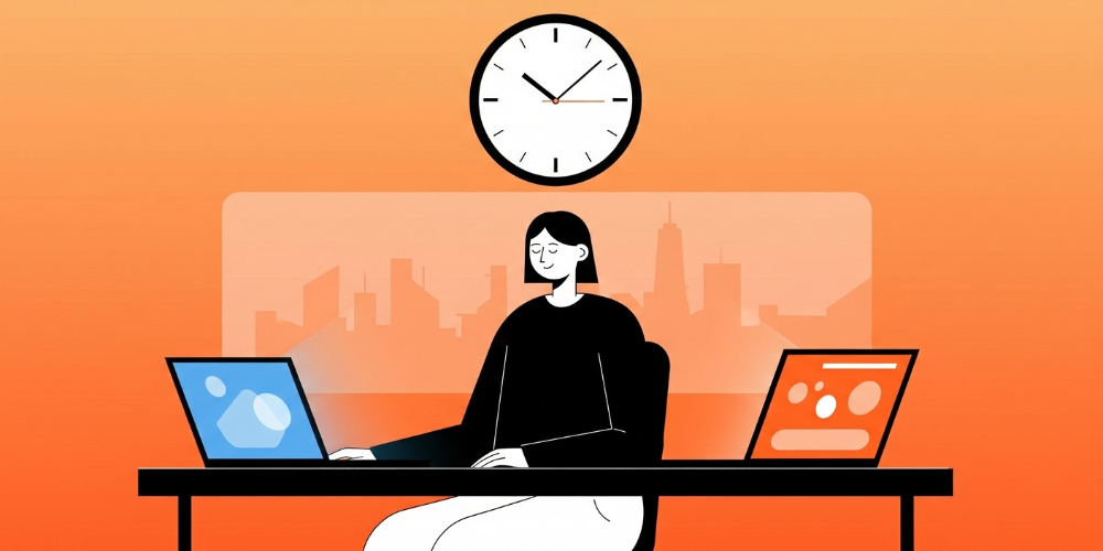 woman working on two laptops