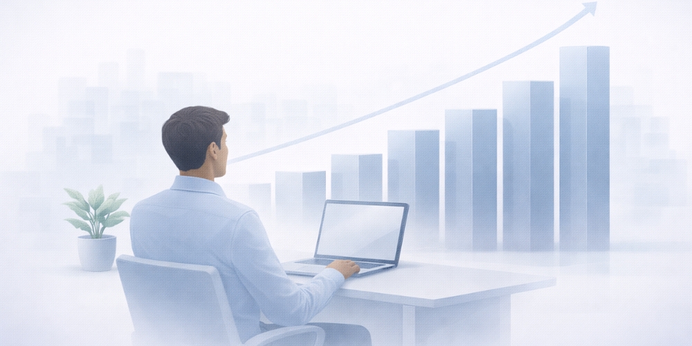 man sitting in front of computer looking at charts