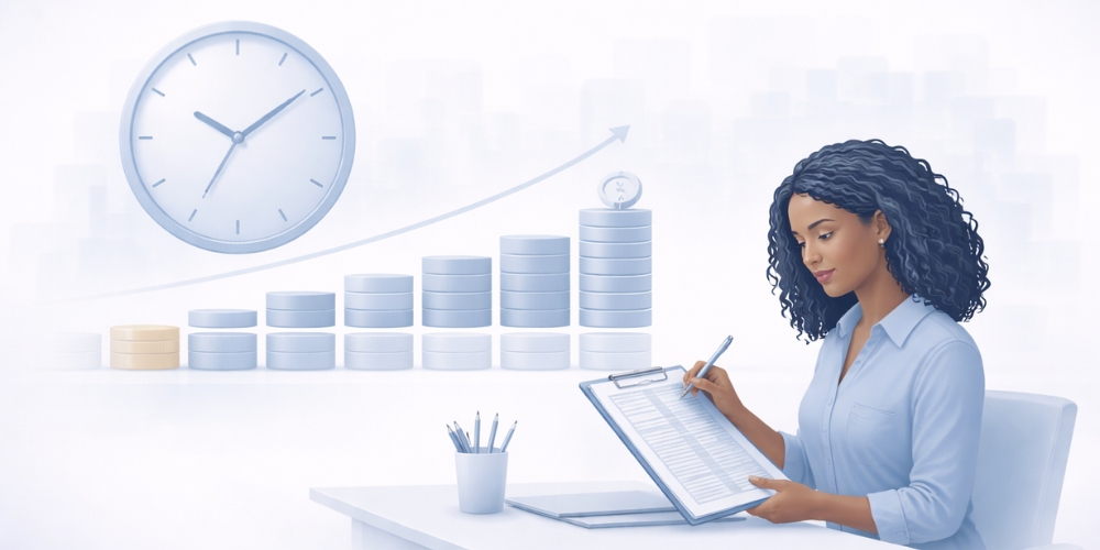 woman working on notepad with watch in the background