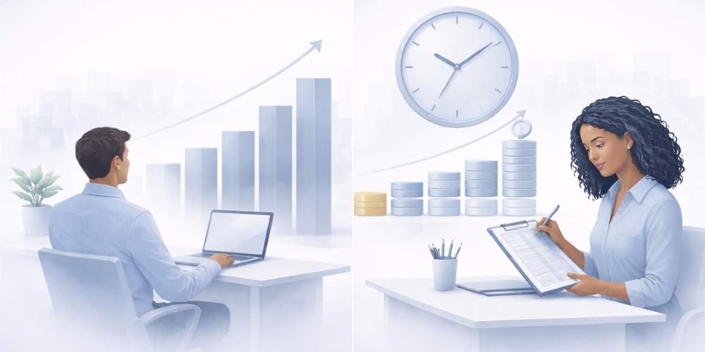 man on computer vs woman on notepad