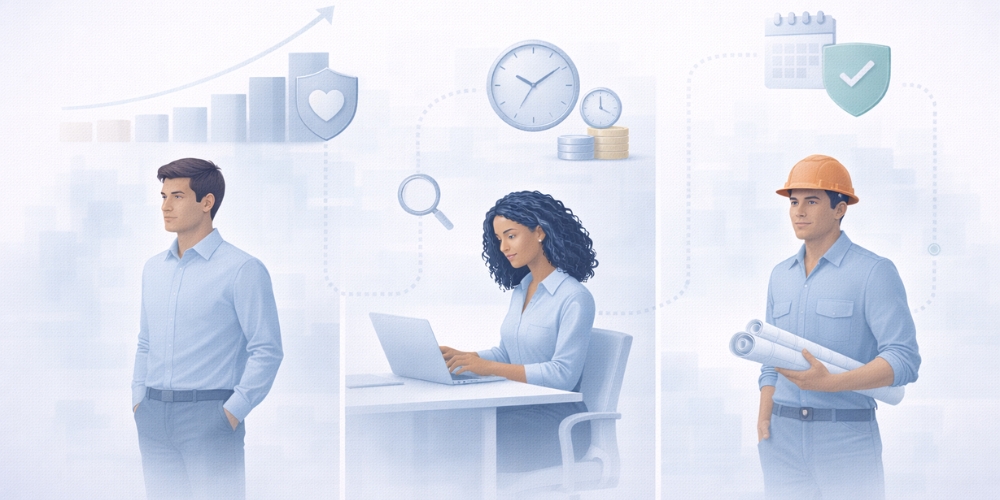 an executive male with an executive female and a constfuction worker