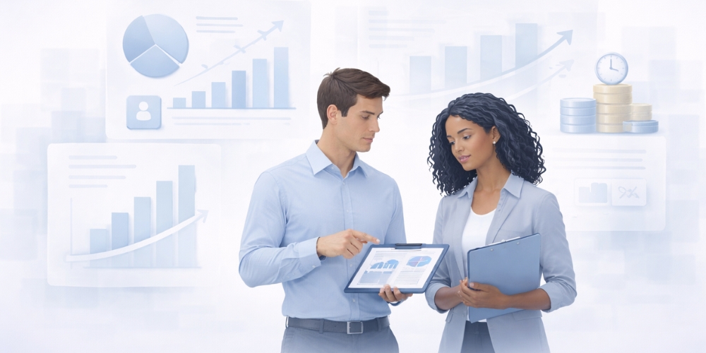 man and woman looking at tablet