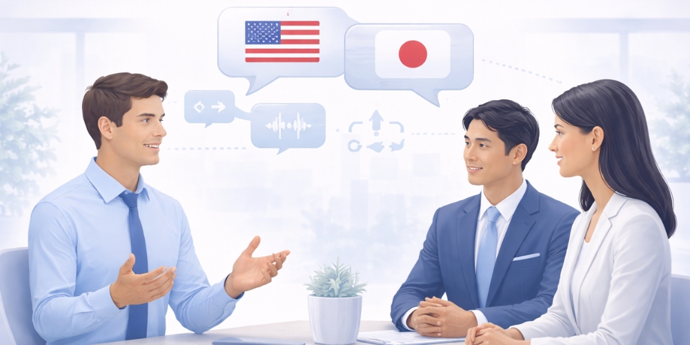 man talking to japanese interviewers