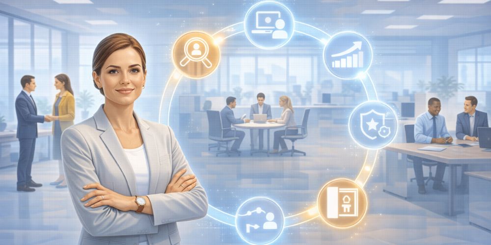 woman standing next to the employee life cycle